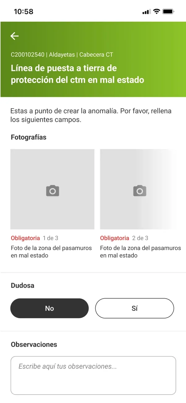 Pantalla de monitorización de anomalía de la app