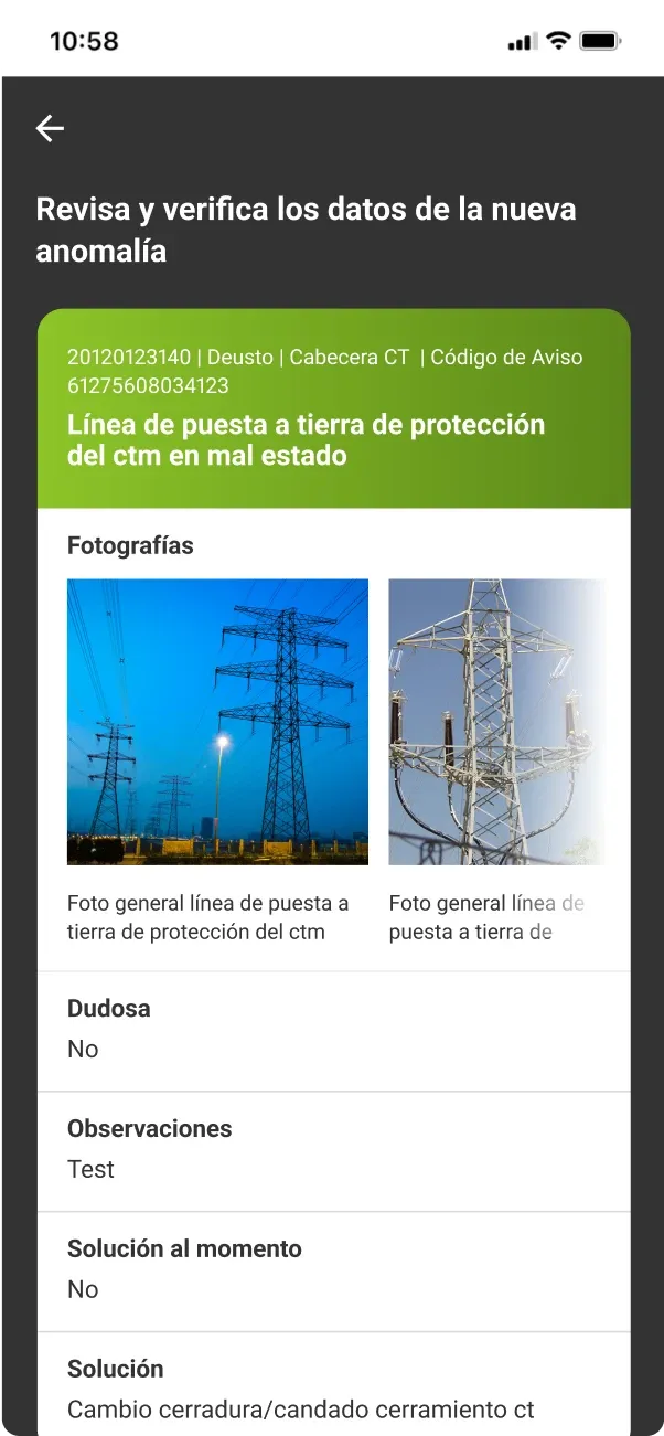 Ficha de anomalía en la app